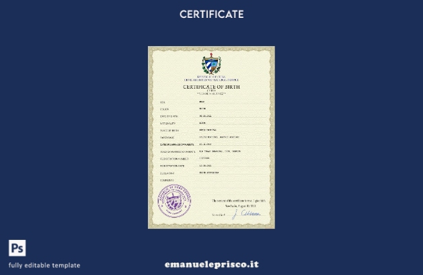 modello PSD del certificato di nascita del documento di stato civile di Cuba in 